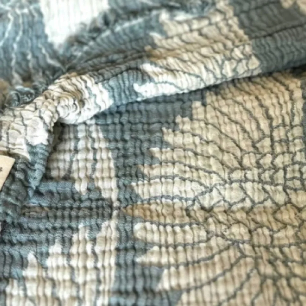 KING Luxury Bedspread Organic Muslin Quilted Crinkle 2 Side Peacock Teal Crane